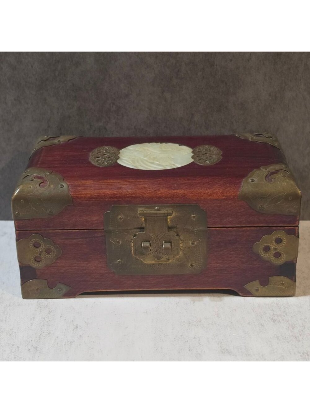 Vtg Chinese Wood Brass Jewelry Box Pierced White Soapstone Lid Red Silk Lining